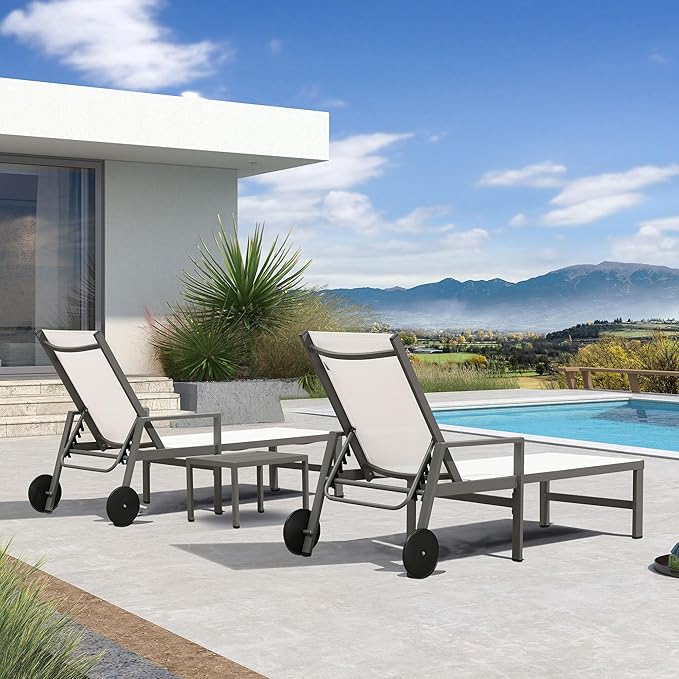 PURPLE LEAF Outdoor Chaise Lounge Set for 2 Aluminum Patio Chaise Lounger Chairs with Armrest and Wheels Adjustable Pool Chaise Lounge Chair for Beach Yard Poolside Table Included, White