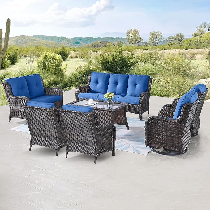 Belord Outdoor Furniture Wicker Conversation Sets - 7 Piece Patio Rattan Furniture Sets with Swivel Rocker Chairs Outdoor Sofa for Porch Deck Backyard Brown/Blue