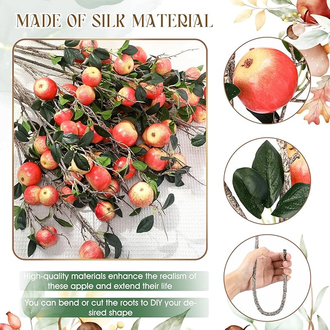 10 Pcs 35.43 Inches Artificial Branches Fake Apple Realistic Tall Apple Bouquets Tree Branch with Long Stem and Green Leaves Fruit Plant for Home Office Vase Filler Shop Decoration