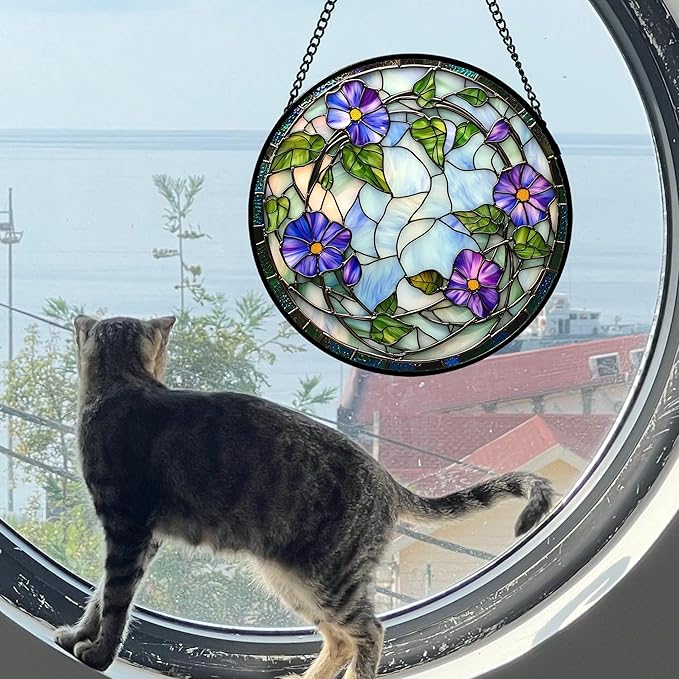 DASTOLL Stained Glass Window Hanging, Purple Morning Glory Flowers Suncatcher for Doors Window Home Plant Sun Catchers Decoration Mother's Day Birthday Gifts for Women, Men, and Mom 9.8x9.8 in
