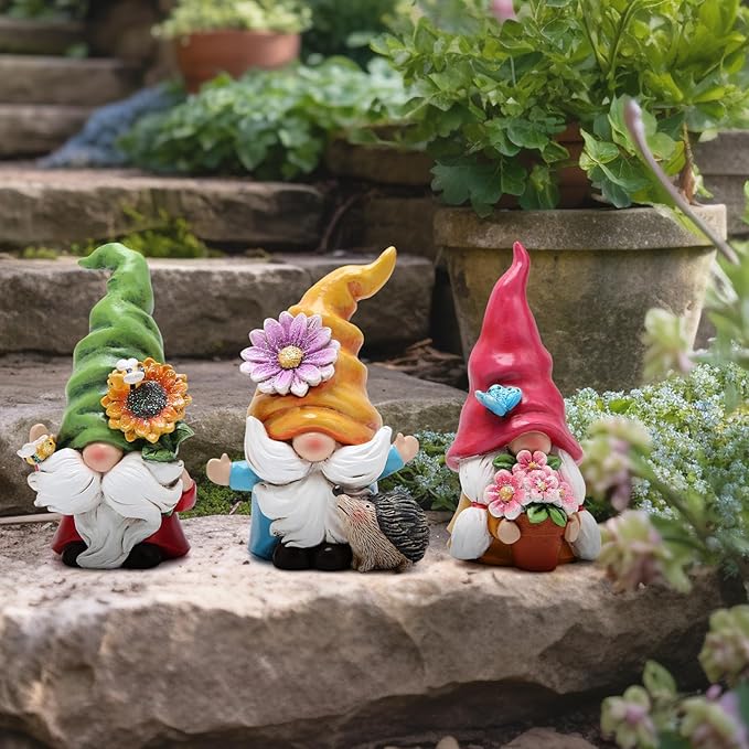 Hodao Set of 3 Spring Gnome Decorations Flower Gnomes Ornaments Decor Summer Outdoor Figurines Spring Elves for Porch, Garden Yard, Flower Bed Garden Gifts for Women, Mom
