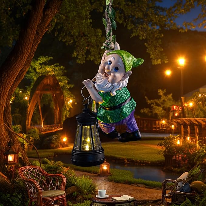 Garden Gnome Solar Lantern Decoration, Green and Purple, Weather-Resistant Resin, Hanging Style, Solar Powered, Whimsical Garden Decor, 6.3 Inch Height