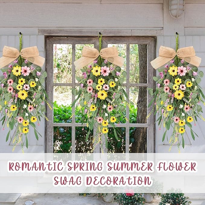 22" Artificial Spring Summer Swag Wreath 2Pcs Spring Summer Floral Teardrop Swags for Front Door Farmhouse Kitchen Cabinet Wreaths with Ribbon Faux Flowers Hanging Wreaths for Porch Wall Window Decor