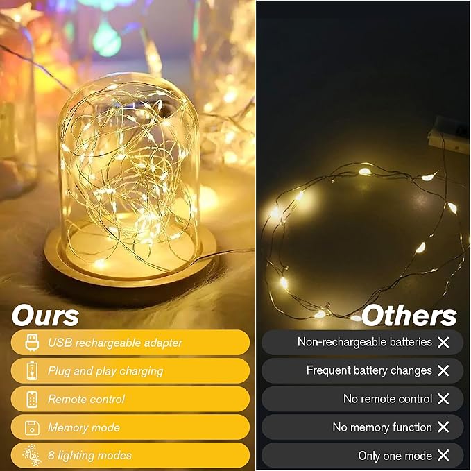 Rechargeable Fairy Lights Plug in, 33Ft 100 LEDs Waterproof Camping String Lights, with Remote and Adaptor,Starry String Lights for Wedding Indoor Outdoor Christmas Patio Garden Decoration,Warm White