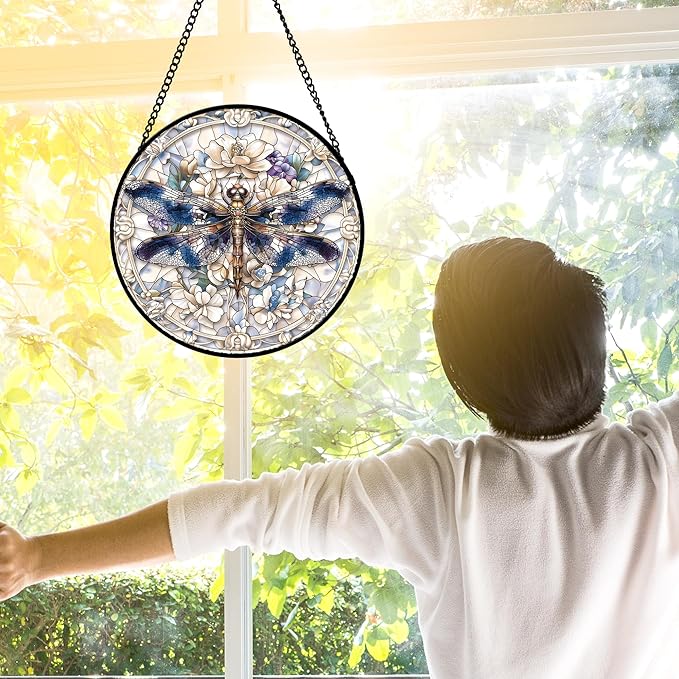 Stained Glass Window Hanging, Dragonfly Flower Suncatcher for Doors Home Sun Catchers Decoration and Christmas, Mother's Day Birthday Gifts for Women, Men, and Mom 7.8 in