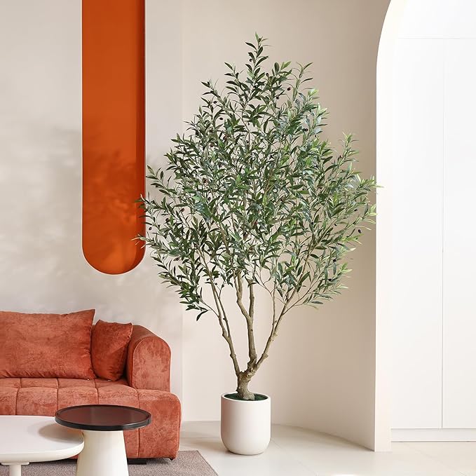 SOGUYI Olive Tree Artificial Indoor, 8FT Tall Faux Olive Tree with 11.5in White Cylinder Round Planter, Artificial Plants with Natural Wood Trunk and Lifelike Leaves for Home Office Decor