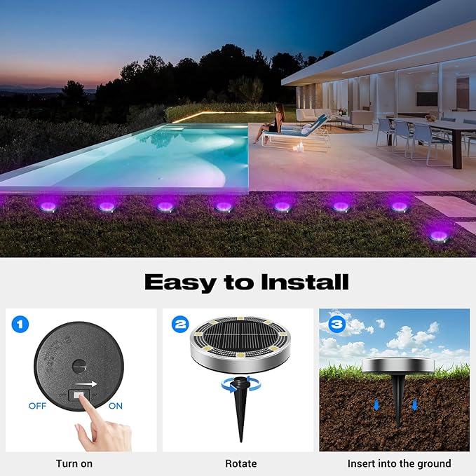Peasur Solar Ground Lights Outdoor, 2 Pack Flat Solar Powered Disc Lights, IP68 Waterproof, Anti-Rust, Landscape Lighting for Pathway Garden Yard Lawn Walkway Landscape Driveway, Purple
