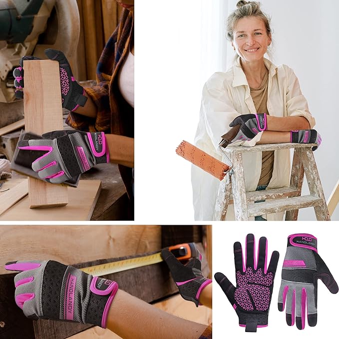 HANDLANDY Work Gloves for Women, Breathable Leather Gardening Glove for Yard Maintenance, Hand Protection with Touch Screen for Gardeners, Farmers