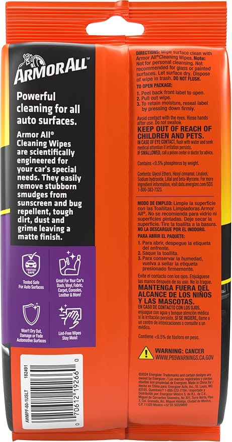 Armor All Car Cleaning Wipes, 60 Count Flat Pack, Powerful Car Wipes for Dashboards, Vinyl, Clear Plastics, Carpet and Fabric