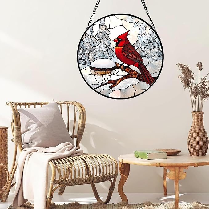 Stained Glass Window Hanging Cardinal Bird Winter Snow Scene 7.8" - Suncatcher Door Garden Sunroom Sun Catcher Home Decor Birthday Christmas for Mom Men Woman Nana