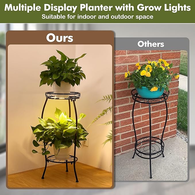 Dunkive Plant Stand indoor Outdoor 2 Tier 27" with Grow Light, Tall Metal Potted Holder Rack Flower Stand Rustproof Iron Heavy Duty Round Plant Shelf for Planter Corner Home Garden Balcony Patio