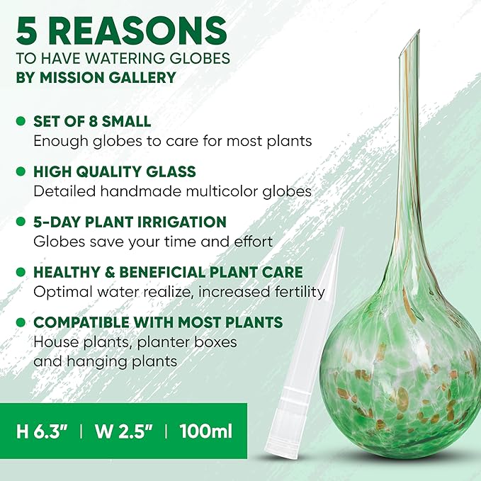 Mission Gallery Plant Watering Globes Set of 8 - Small Self Watering Globes for Indoor & Outdoor Plants - Multicolored, Automatic, Glass Watering Bulbs for Daily Use, Plant Watering Devices