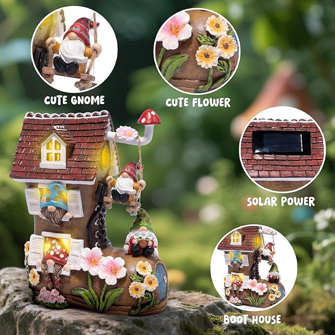 Hodao Spring Solar Gnomes Garden Decor - Whimsical Shoe House with Swinging Gnome, Hand-Painted Floral Base & Mushroom Swing for Porch, Yard, Flower Bed Garden Gifts for Women, Mom (Brown)