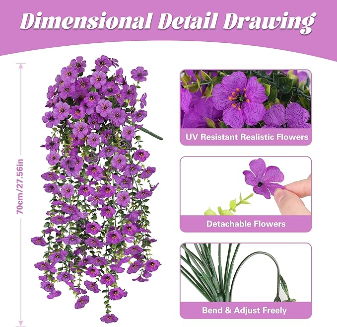 AmberFun 2PCS Artificial Flowers for Outdoors, UV Resistant Fake Silk Flowers for Outside, Realistic Faux Plants for Hanging Baskets, Planters - Porch, Patio, Garden Décor (Purple)