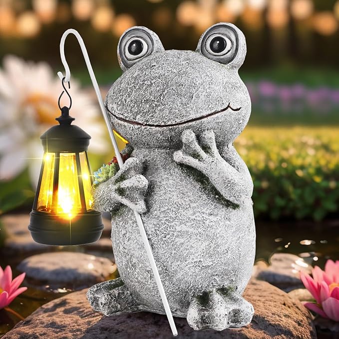 YHSOLAR Frog Solar Garden Statues, Resin Frog Figurine Decorations, Outdoor Frog Decor Art for Lawn,Yard, Unique Housewarming Gift for Garden Home