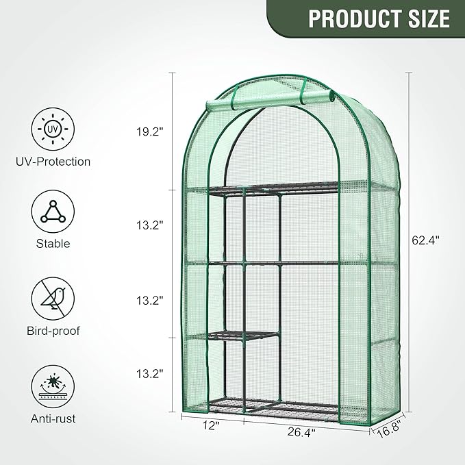 Mini Greenhouse for Outdoors, Portable Small Greenhouse 4-Tiers for Indoor, 38"x17"x62" Green House with PE Cover
