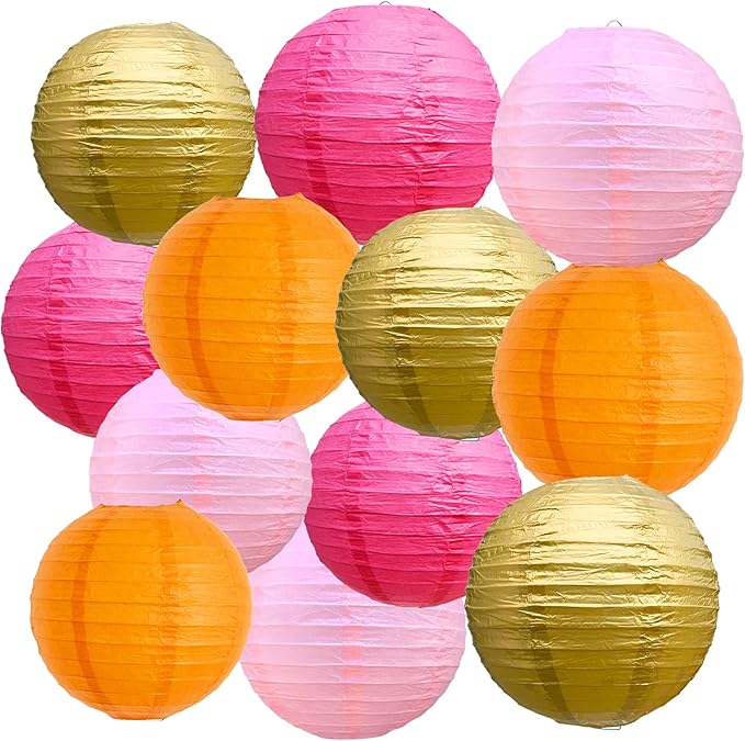 BEISHIDA Pink Orange Gold Round Paper Lanterns Decorative Hanging Asia Chinese Japanese Paper Lanterns Lamp for Birthday Graduation Baby Shower Wedding Home Decor Outdoor Party Decoration(12Packs)