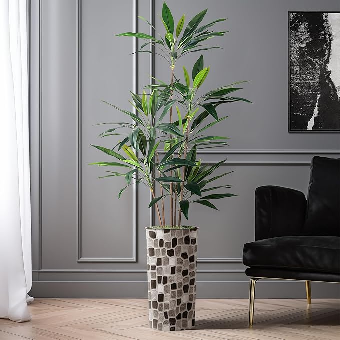 SIGNWIN Artificial Tree in Modern Geometric Pattern Planter, Fake Dracaena Tree Silk Trees for Indoor and Outdoor Home Decoration - 66" Overall Tall (Plant Pot Plus Tree)
