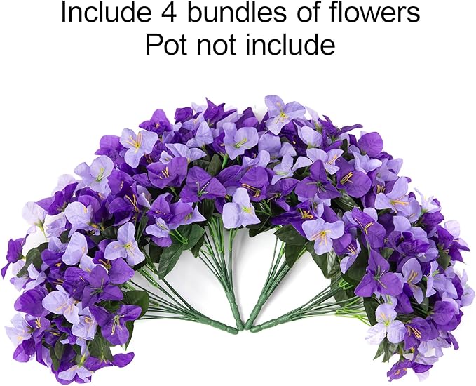 Artificial Spring Flowers for Outdoors, 4 Bundles Fake Bougainvillea UV Resistant Silk Flowers for Outside Faux Outdoor Plants for Planter Patio Porch Window Garden Home Decoration, Mixed Purple