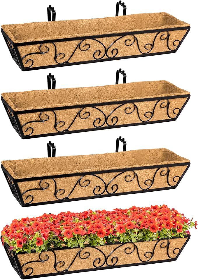 Y&M 30 Inch Window Deck with Coco Liner, Fence Metal Hanging Flower Planter Window Basket Deck Railing Planter Boxes for Outdoor Garden Lawn-Butterfly, 4pcs