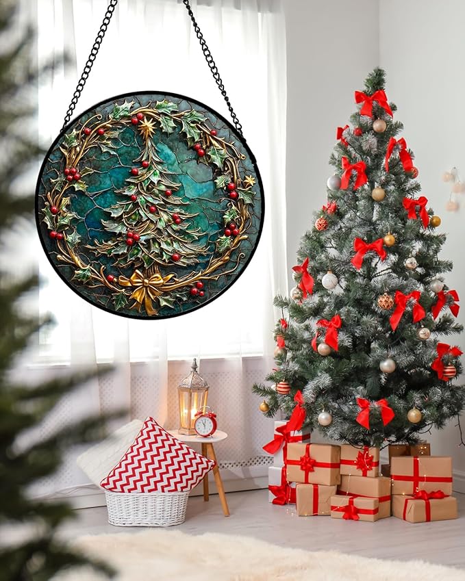 DASTOLL Stained Glass Window Hangings - Red Gold Green Wreath Suncatcher for Door Home Christmas Tree Decoration Sun Catcher Thanksgiving New Year Birthday Gift for Women Men Mom Grandma 11.8 in