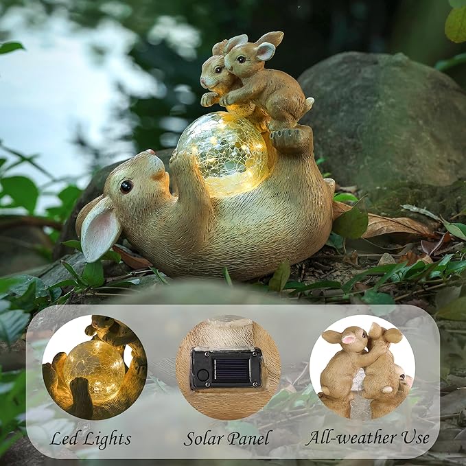 SOFFEE GARDEN Solar Bunny Lamp Playing with Ball, 10x5x9 Inch Outdoor Rabbit Decor, Whimsical Garden Statue for Lawn, Backyard & Night Landscape