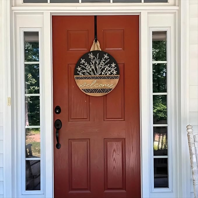 3D Welcome Sign for Front Door, Rustic Round Wood Wreaths Wall Hanging Modern Farmhouse Decor, House Warming Gifts New Home,Porch Fence Decorations for Spring Summer Fall All Seasons Holiday Christmas