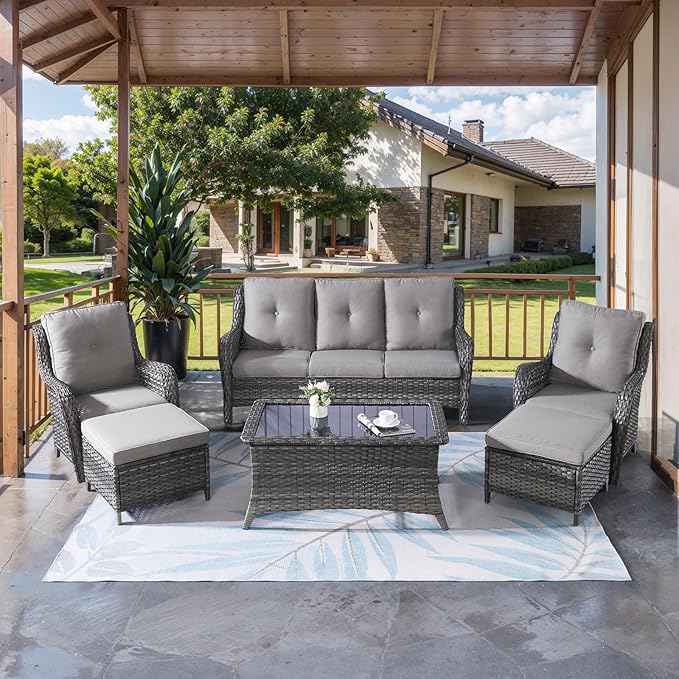 HUMMUH Outdoor Furniture 6 Pieces Patio Furniture Set Wicker Outdoor Sectional Sofa with 2 Patio Chairs,Ottomans,Coffee Table(Grey/Grey)