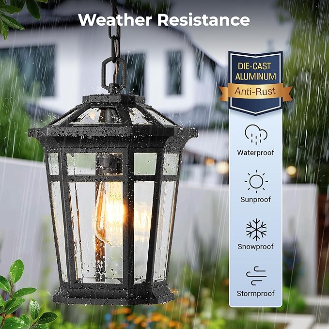 VIANIS Large Outdoor Pendant Lights for Porch, Black Hanging Light Fixture, 100% Aluminum Waterproof Anti-Rust Ceiling Lighting for House, Outside Hanging Lantern for Porch, Garden, Garage, 1-Light