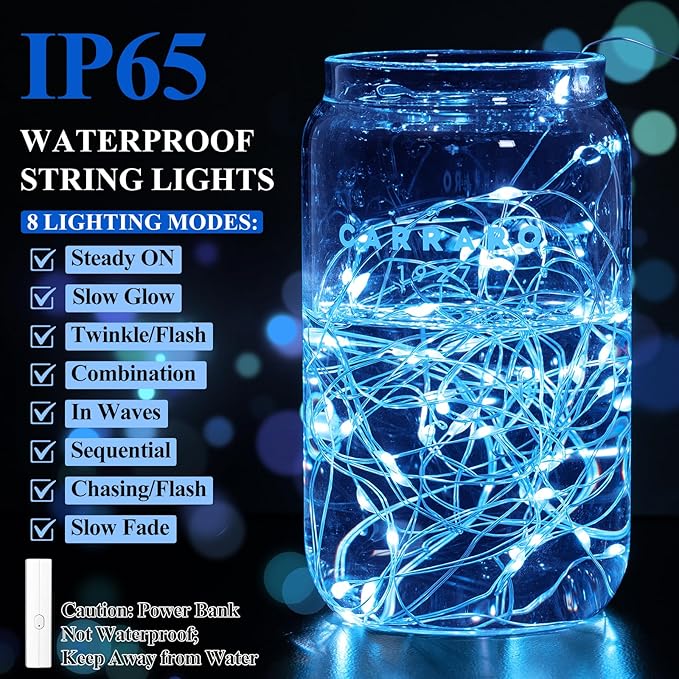 Lakumu Rechargeable LED String Lights, Blue Fairy Lights Battery Operated with Timer, Twinkle Lights for Bedroom, Christmas Decorations, Wedding, Centerpiece Table Decor (10M/33FT Blue)
