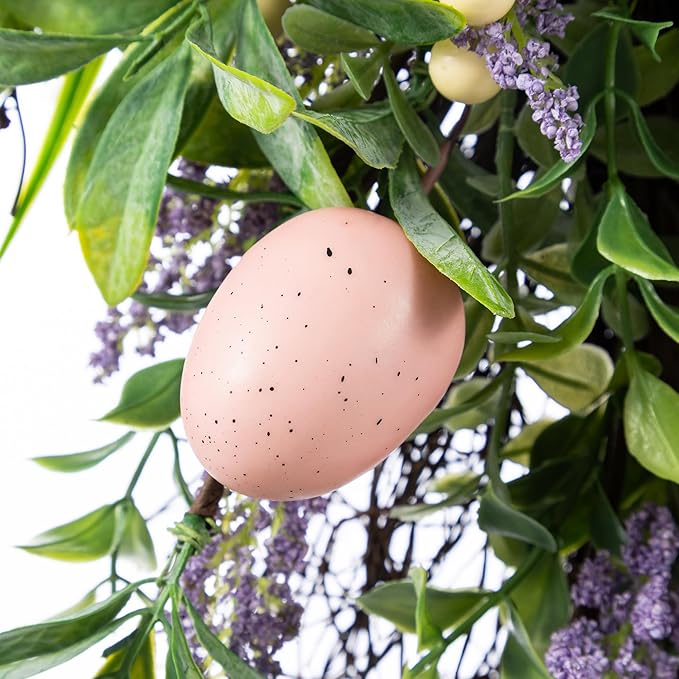 Glitzhome Easter Teardrop Wreath 28" Spring Easter Egg & Lavender Wreath Artificial Teardrop Swag for Front Door Porch Wall Decor