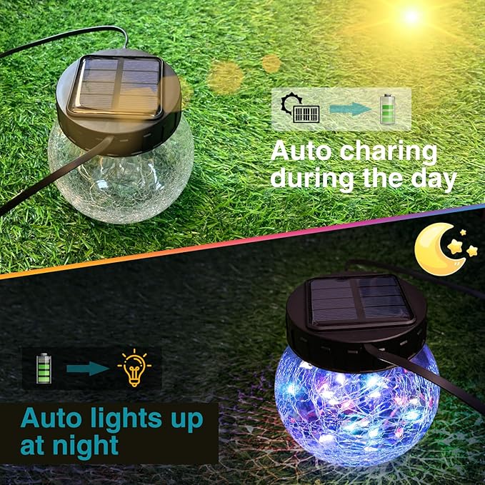 kolpop 6 Pack Solar Lantern Outdoor Lights, Multi-Coloured Solars Lanterns with 30 LED, Crackle Glass Ball Waterproof Hanging Solar Lights for Garden Decor Patio Fence Yard Christmas Tree Decoration