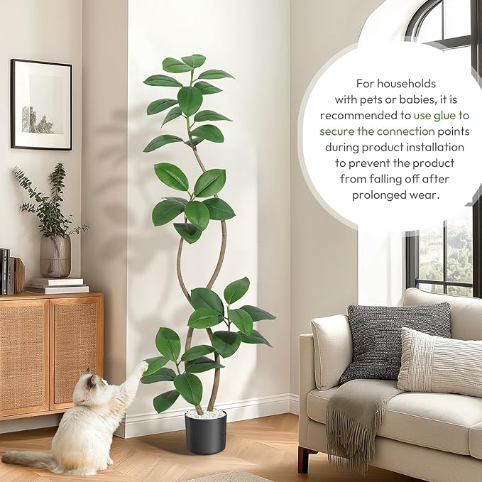 6 ft Artificial Plant Rubber Tree, Large Floor Tree Real Touch, Artificial Plants Indoor Potted with Black Sphere Resin Planter & Stone, Tall Plant Artificial Large Floor
