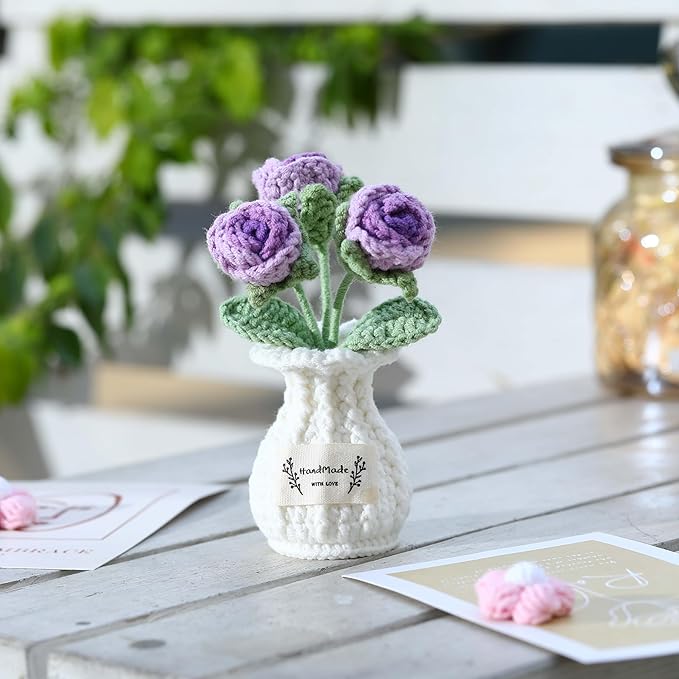 YOOJEE Crochet Rose Flower Potted Plant – Purple, Valentines Day Gift for Her, Handmade Knitted Romantic Desk Decor