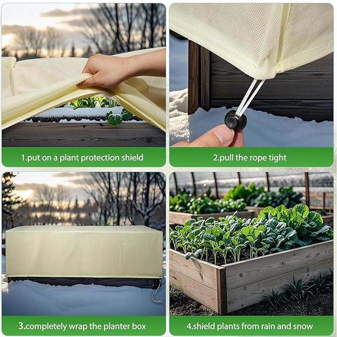 BATULU Plant Frost Cover for Garden Protection, Rectangular Planter Winter Blanket with Drawstring, 59 x 17.7 x 15.7 Inch, 4 Pack
