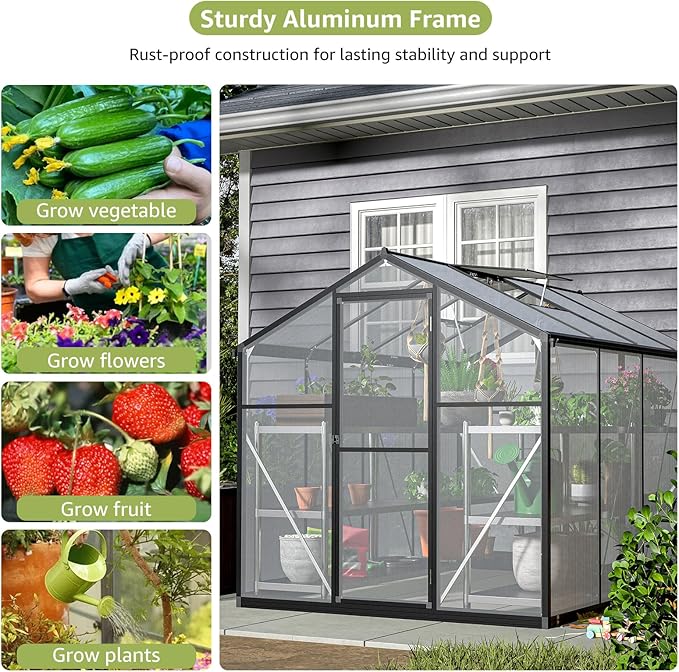 6x8 Ft Greenhouses for Outdoors, UV-Coated Polycarbonate Panels and Aluminium Green Houses for Outside, 2 Roof Vents, Invernaderos para Plantas Exterior, Walk-in Greenhouse Kit for Backyard, Lawn