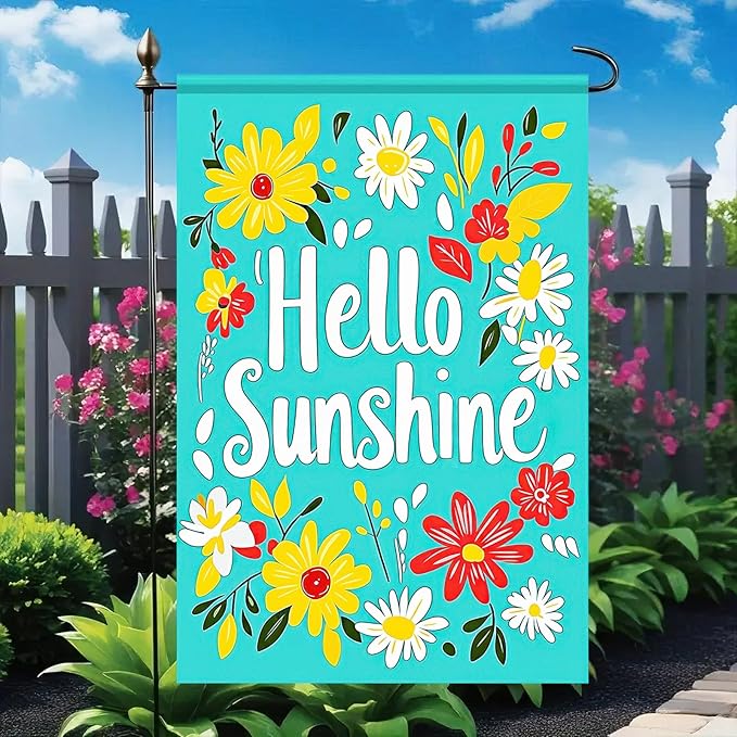 Hello Sunshine Summer Garden Flags 12x18 Double Sided Flag Spring Summer Outdoor Decor with Radiant Sun and Sunflower Design Perfect Floral Seasonal Yard Outdoor Flag