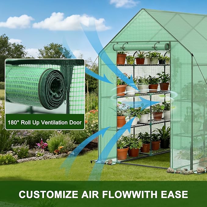 Grezone Walk-in Greenhouse Upgraded Portable Green House with Thicken PE Cover, 3 Tiers 8 Shelves for Outdoors，Heavy Duty Plastic Plant Warm House with Reinforced Frame (56x56x77 in)
