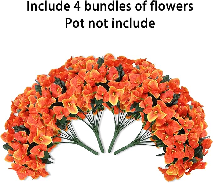 Artificial Flowers for Outdoors Spring Summer Porch Decor, 4 Bundles Fake Bougainvillea Realistic Silk Flowers for Outside UV Resistant Faux Outdoor Plants for Planters Patio Yard Balcony Home, Orange