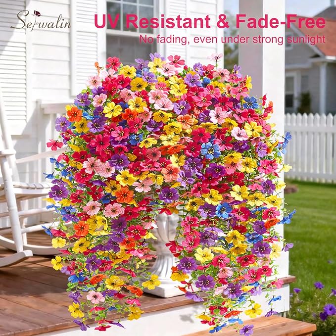 Serwalin 6PCS Artificial Fall Flowers for Outdoors Decoration, Realistic Silk Artificial Fall Hanging Flowers for Patio, Garden, Porch, Window, Outside (Multicolor,6PCS)