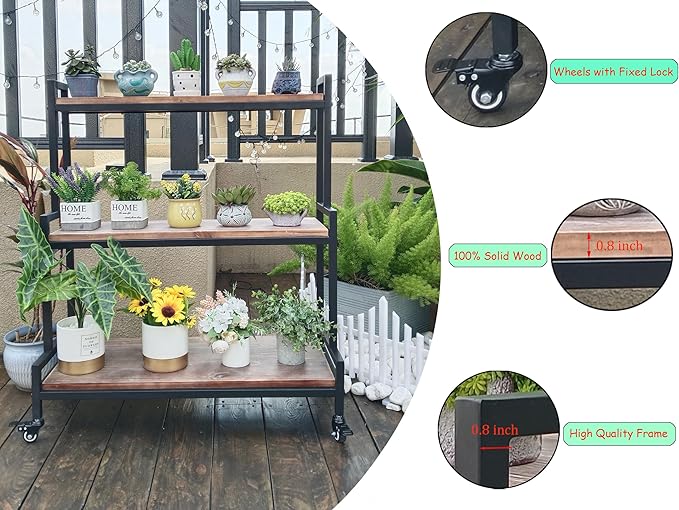 YCCO Rustic Plant Stand with Wheels 37“ H, Rolling Plant Shelves Rack Indoor Outdoor,Metal Plant Stand with Solid Wood for Multiple Plants,Industrial Ladder Plant Flower Shelf for Garden,Living Room,Brown