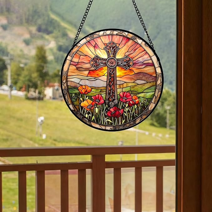 JOSUMALY Christian Gifts for Women - Cross Stained Glass Window Hanging Jesus Easter Poppy Sunset Landscape Sun Catcher Garden Religion Decor Mother's Day Catholic Gift for Men Grandma Mom Her 11.8"