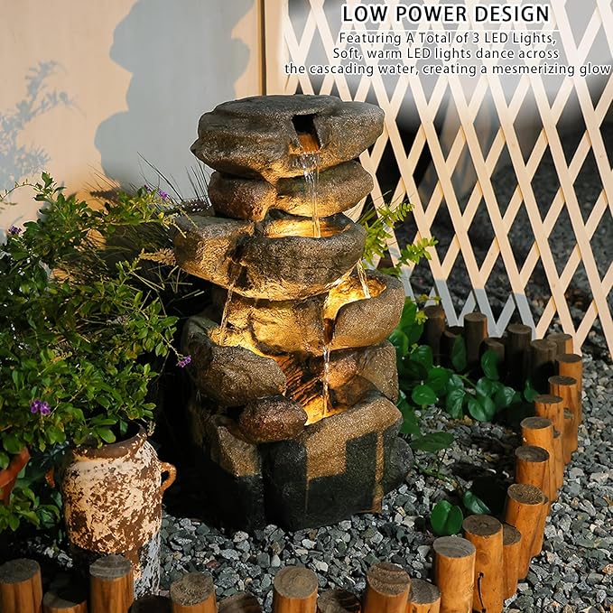 The 4-Tiered Water Fountain Outdoor&Indoor Fountain with Lights, 28.35" Waterfall Fountain for Garden, Patio, Yard, and Lawn, Natural Stone Look Water Features Outdoor Patio