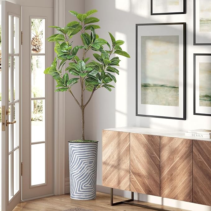 Artificial Tree in Contemporary Geometric Pattern Planter, Fake Rubber Silk TRE for Indoor and Outdoor Home Decoration - 70" Overall Tall (Plant Pot Plus Tree)