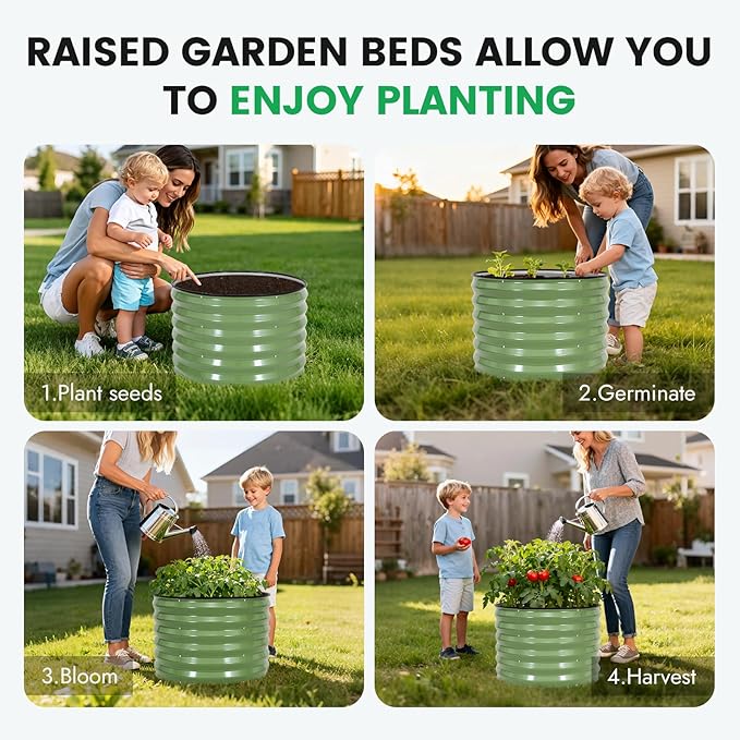 INNO STAG 3 Pcs Round Galvanized Raised Garden Bed — 2×2×1.4ft Planter Box Outdoor Raised Beds Kit for Gardening Vegetables, Fruits, Herbs, and Flowers, Olive Green
