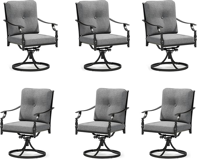 PHI VILLA Outdoor Steel Swivel Dining Chairs Set of 6, Heavy-Duty Rustproof Black Wrought Iron Armchairs with Thick Cushions, Large Seating Furniture for Patio, Deck, Backyard, Porch