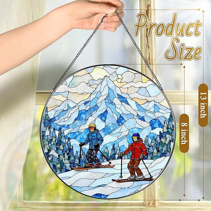 LAOWEIKI 8'' Snowy Mountain Skiers Sun Catcher Ornament, Stained Glass Window Hanging, Sun Catchers for Windows Hanging Ornaments, Window Decor | Ideal Gift, Gift Exchange, Gifts for Skiers