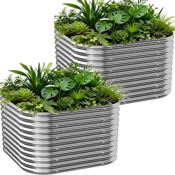 2 PCS Tall Galvanized Raised Garden Bed Outdoor, Metal Garden Bed for Vegetables, Above Ground Garden Box for Flower, Steel Raised Beds for Gardening - 2FT