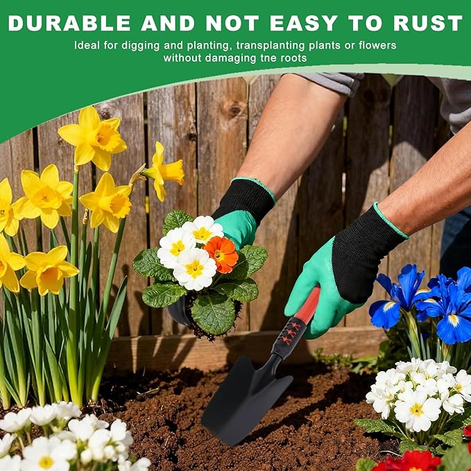Garden Tool Set, 3 Pack Gardening Tools, Stainless Steel Heavy Duty Hand Cultivator, Hoes, Shovel, for Planting Weeding Digging, Red