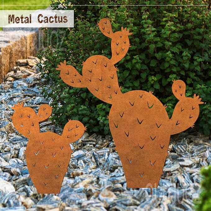 2pcs Metal Cactus Outdoor Decor,Desert Steel Yard Art, Metal Plants Prickly Pear Cactus,Lawn Decoration&Yard Art Outdoor and Garden Clearance Large